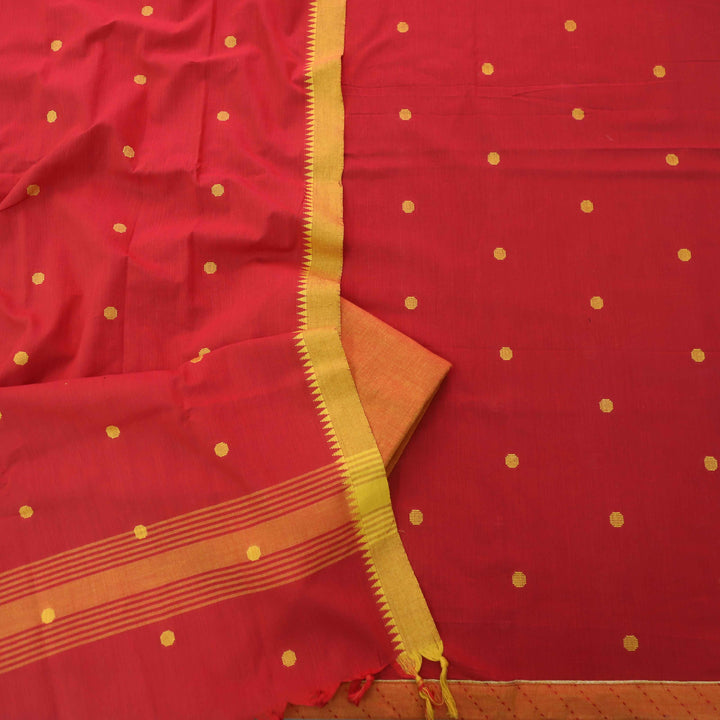 Madhubala Cherry Red Thread Weaved Handloom Cotton Suit Set