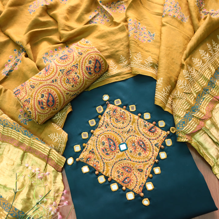 Nigahein Cerulean Teal Mirror Work Applique Kalamkari Print Patch Jam Cotton Set