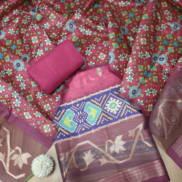 Kokila Magenta Pink Ikkat Print with Zari Detailing Korean Tussar Chanderi Set