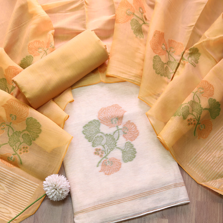Faasla White with Yellow Pink Floral Authentic Jamdani Weaved Hem Suit Set
