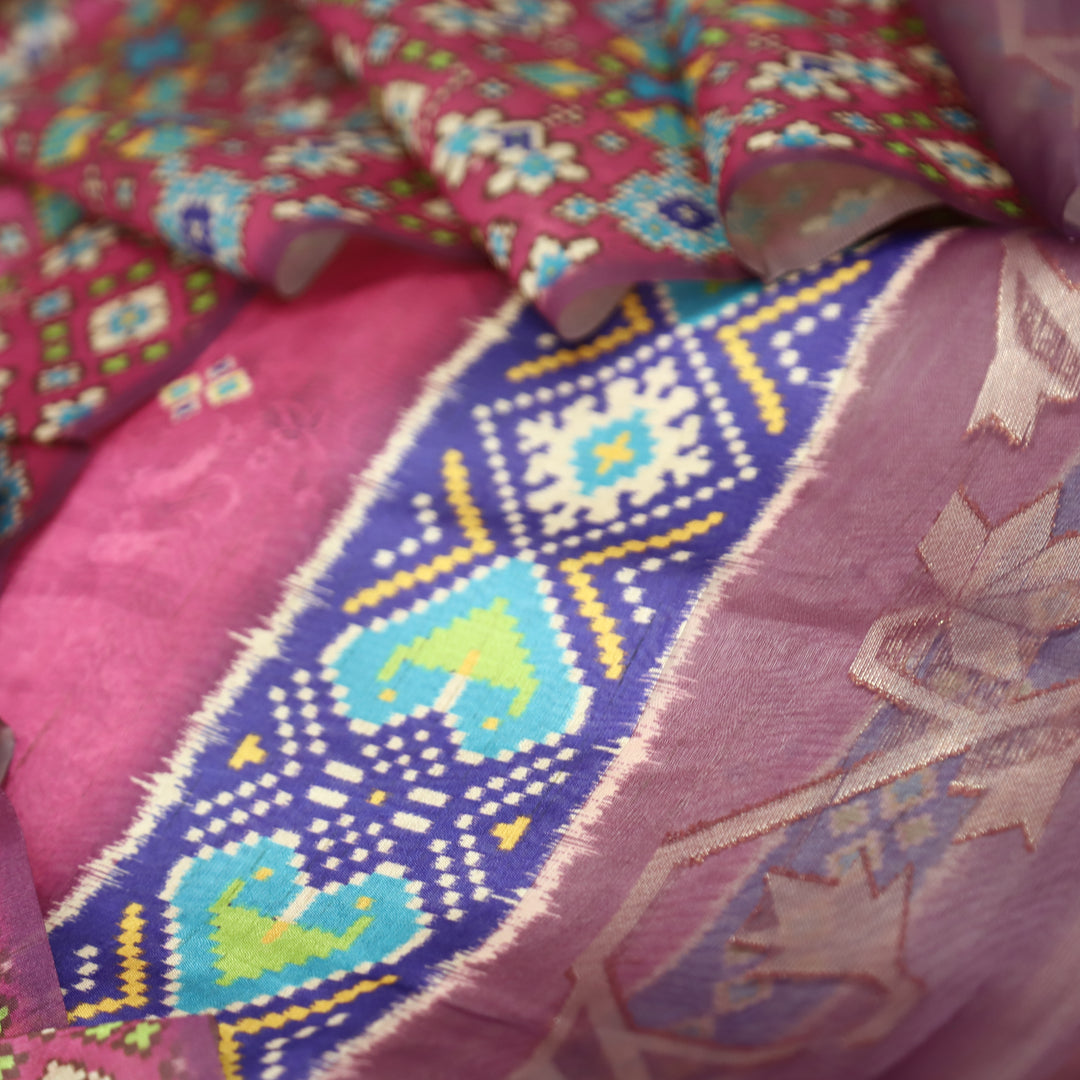 Kokila Magenta Pink Ikkat Print with Zari Detailing Korean Tussar Chanderi Set