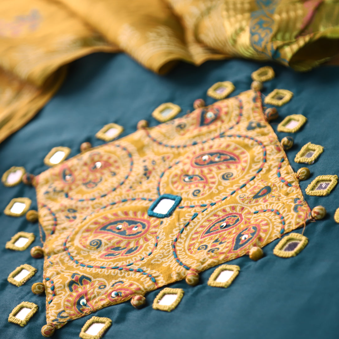 Nigahein Cerulean Teal Mirror Work Applique Kalamkari Print Patch Jam Cotton Set