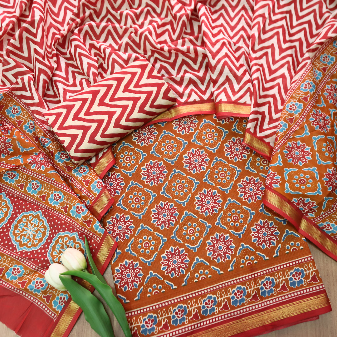 Jahaan Rust Orange All Over Digital Ajrak Printed Cotton Suit Set