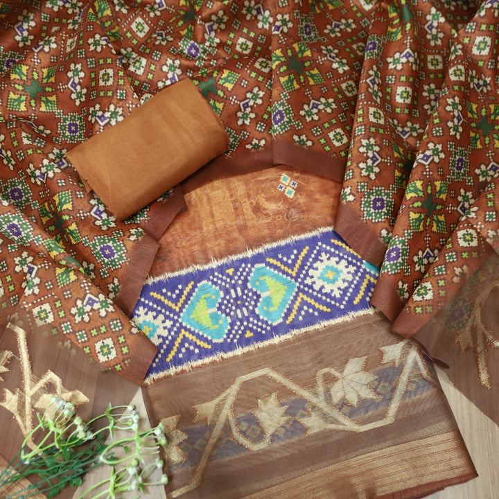 Kokila Almond Brown Ikkat Print with Zari Detailing Korean Tussar Chanderi Set