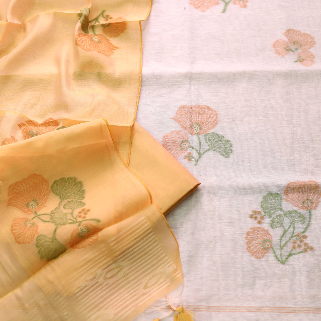 Faasla White with Yellow Pink Floral Authentic Jamdani Weaved Hem Suit Set