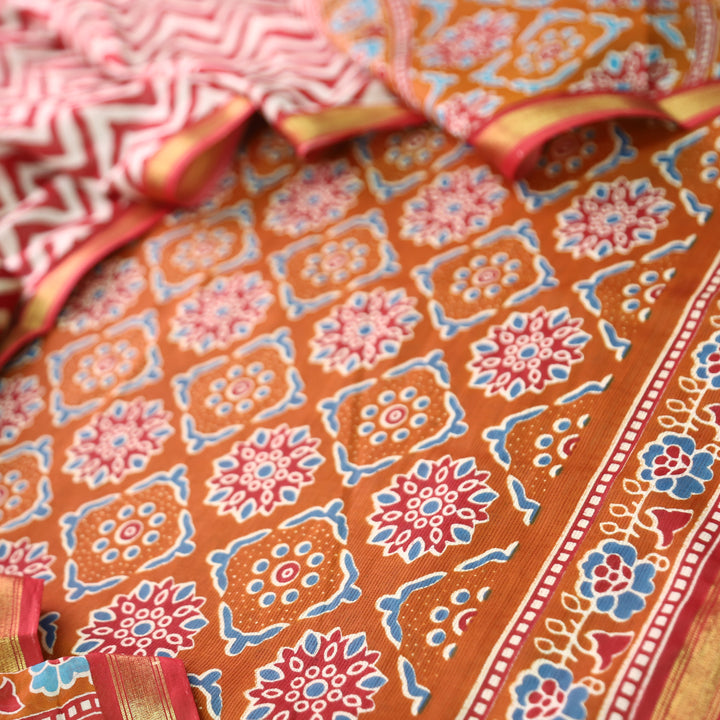 Jahaan Rust Orange All Over Digital Ajrak Printed Cotton Suit Set