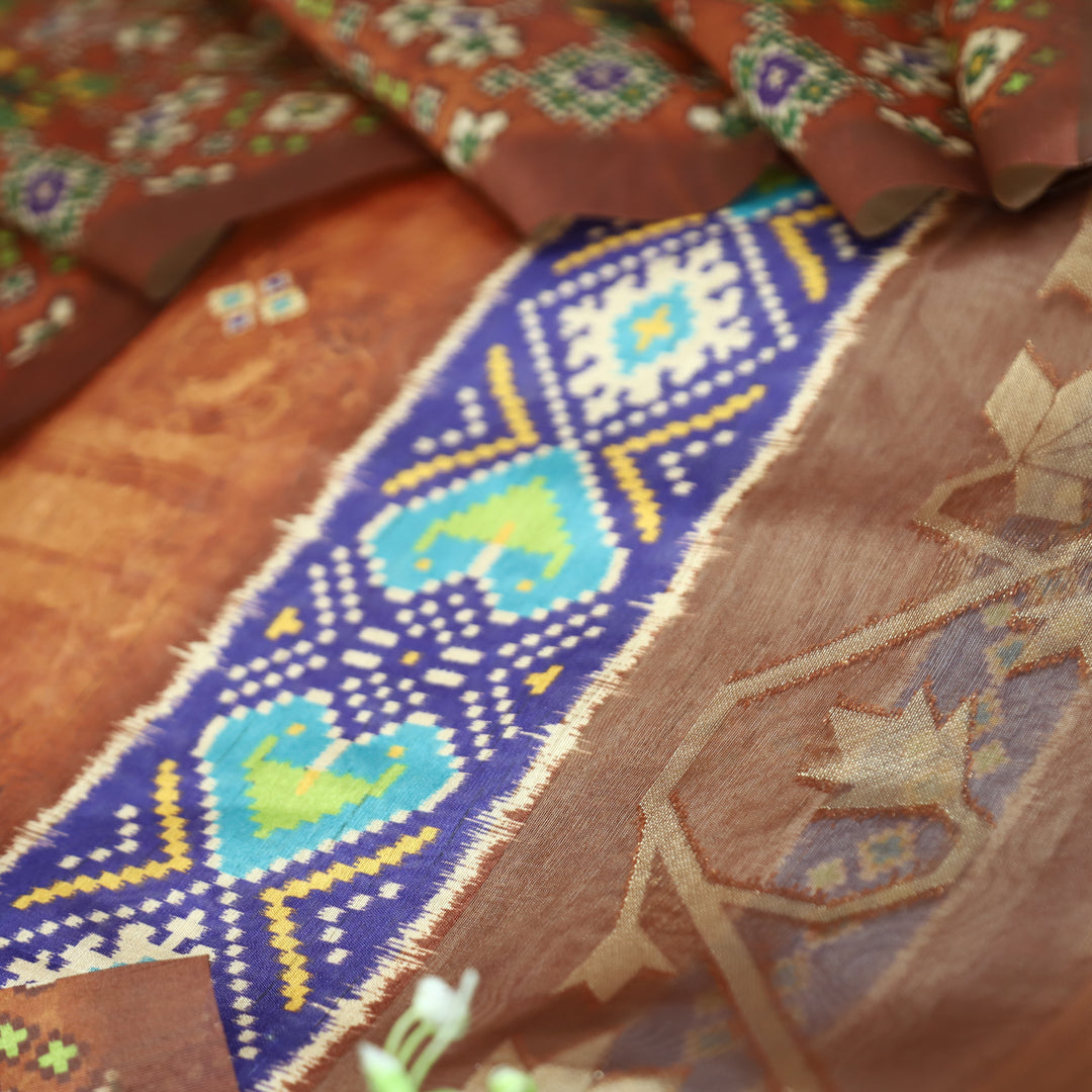 Kokila Almond Brown Ikkat Print with Zari Detailing Korean Tussar Chanderi Set