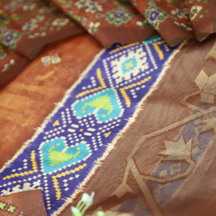 Kokila Almond Brown Ikkat Print with Zari Detailing Korean Tussar Chanderi Set