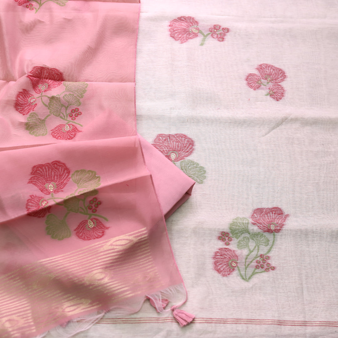 Faasla White with Baby Pink Floral Authentic Jamdani Weaved Hem Suit Set