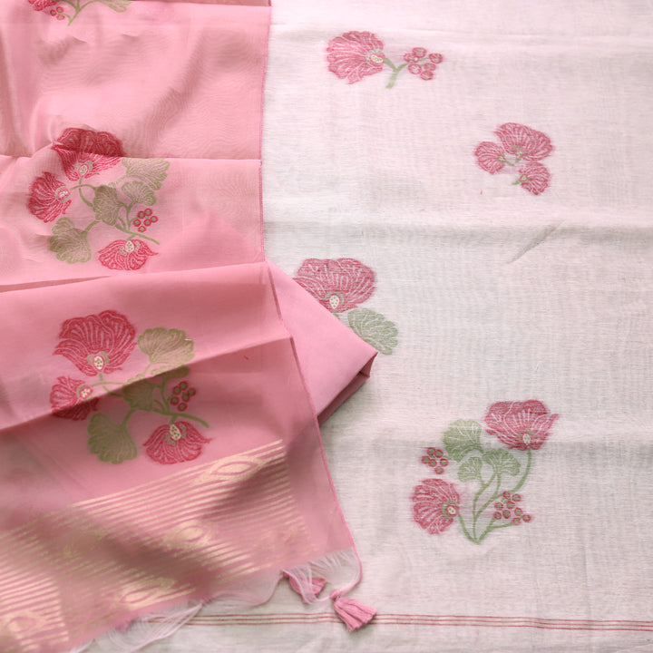 Faasla White with Baby Pink Floral Authentic Jamdani Weaved Hem Suit Set