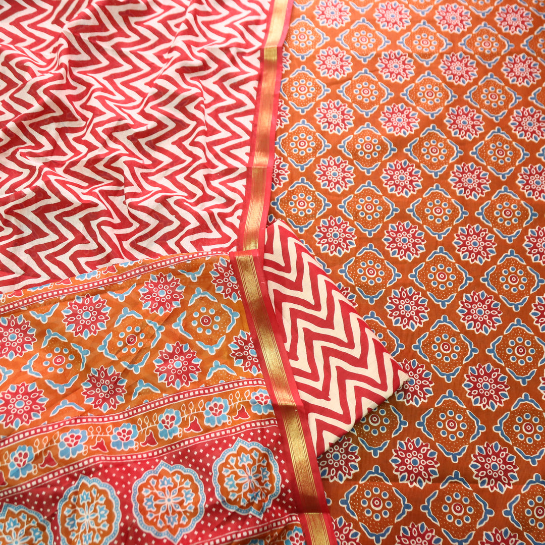 Jahaan Rust Orange All Over Digital Ajrak Printed Cotton Suit Set