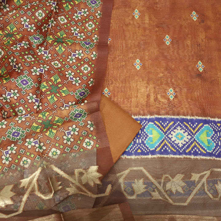 Kokila Almond Brown Ikkat Print with Zari Detailing Korean Tussar Chanderi Set