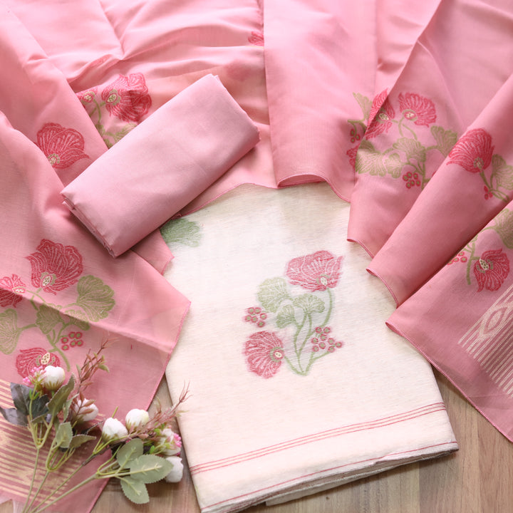 Faasla White with Baby Pink Floral Authentic Jamdani Weaved Hem Suit Set