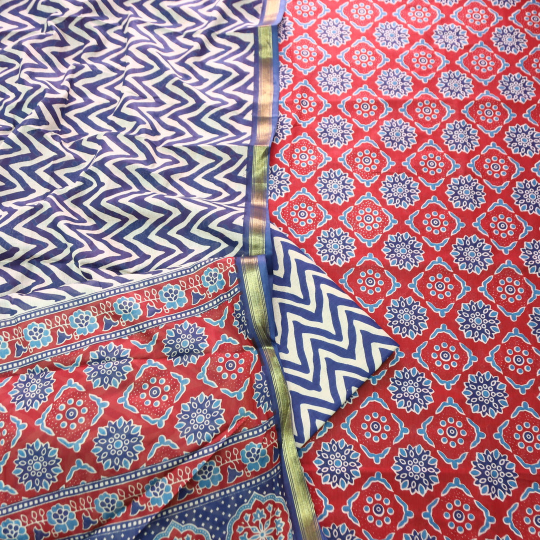 Jahaan Cherry Red All Over Digital Ajrak Printed Cotton Suit Set