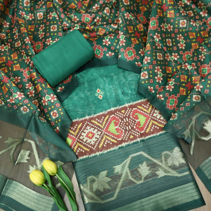 Kokila Dark Green Ikkat Print with Zari Detailing Korean Tussar Chanderi Set
