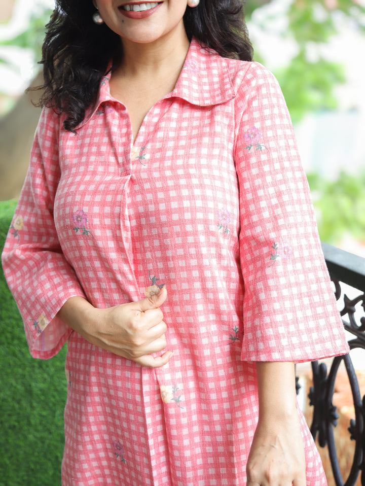Amisha Candy Pink Gingham Print Cotton Linen Kurti