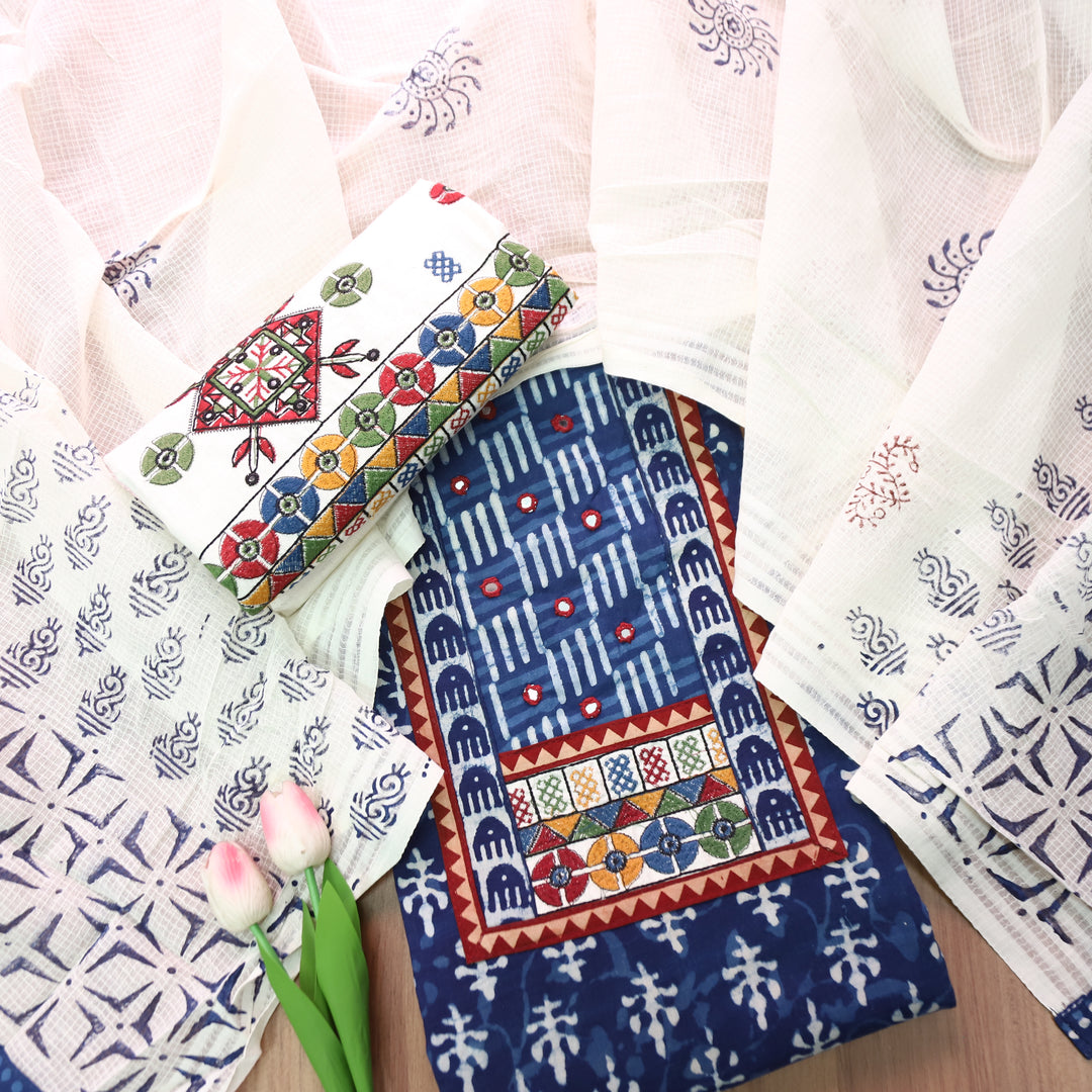 Ridhima Indigo Blue Kutch Mirror Dabu Printed Cotton Set D1