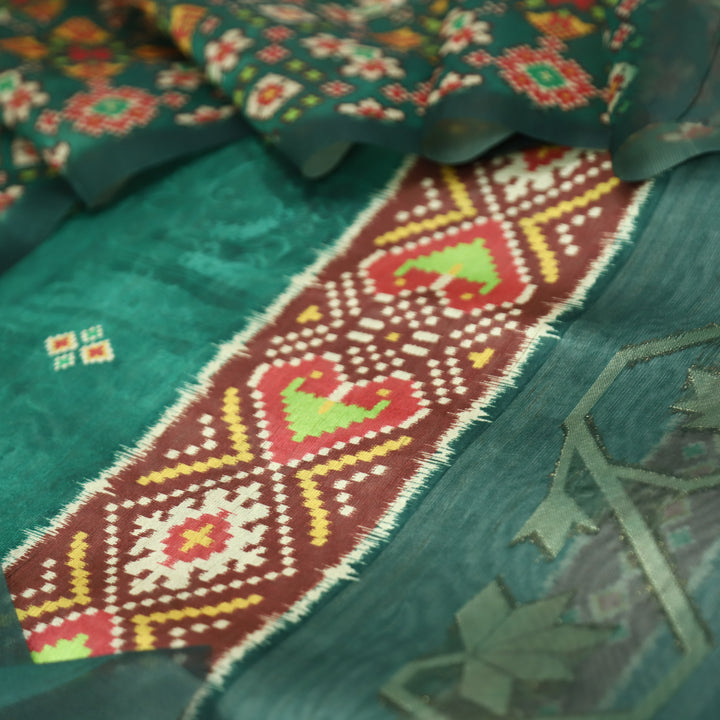 Kokila Dark Green Ikkat Print with Zari Detailing Korean Tussar Chanderi Set