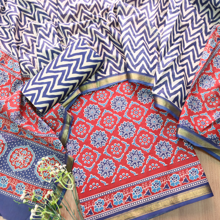 Jahaan Cherry Red All Over Digital Ajrak Printed Cotton Suit Set