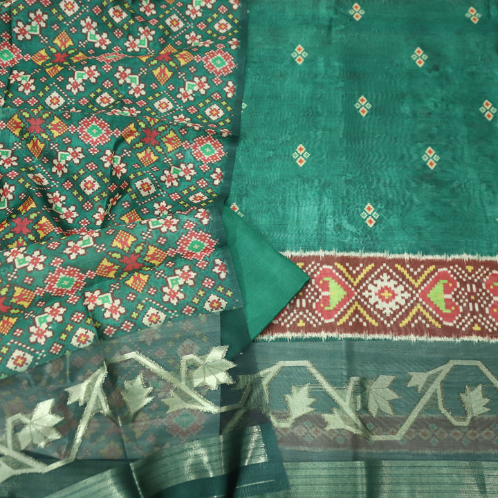 Kokila Dark Green Ikkat Print with Zari Detailing Korean Tussar Chanderi Set