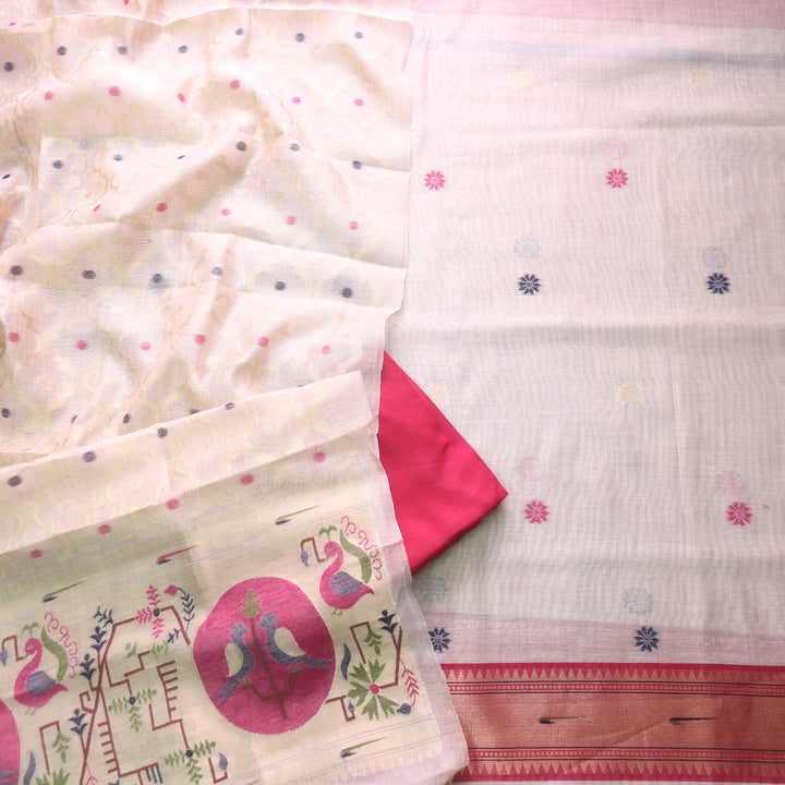 Kakashi Skin Beige with Rani Pink Mangalgiri Hem Zari Weaved Jamdani Chanderi Set