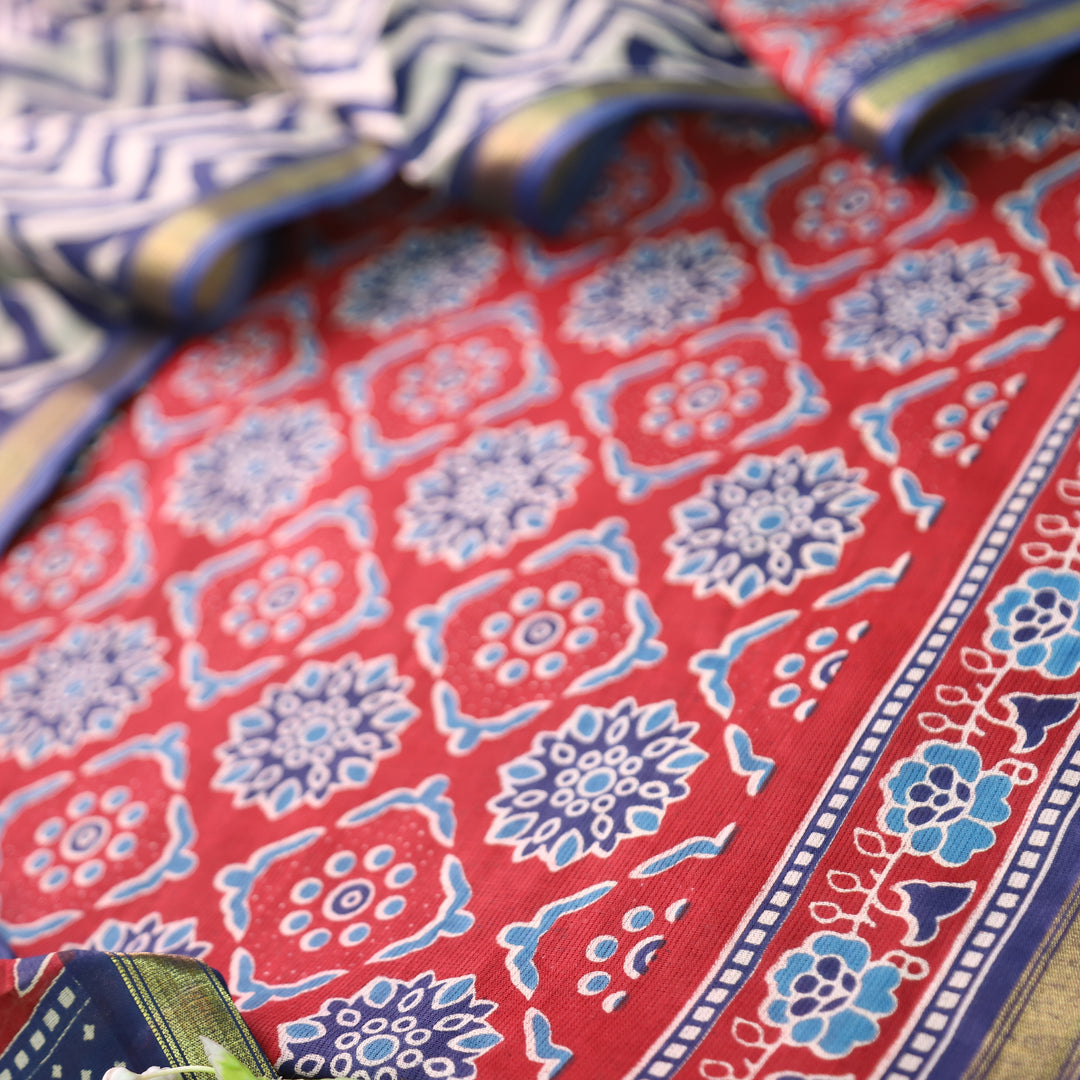 Jahaan Cherry Red All Over Digital Ajrak Printed Cotton Suit Set