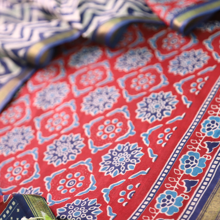 Jahaan Cherry Red All Over Digital Ajrak Printed Cotton Suit Set