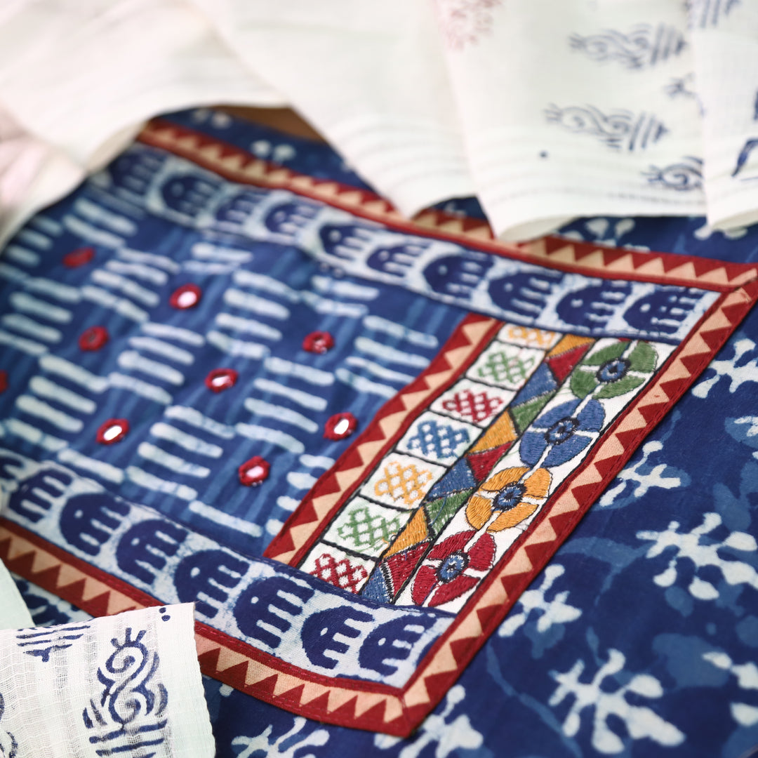 Ridhima Indigo Blue Kutch Mirror Dabu Printed Cotton Set D1