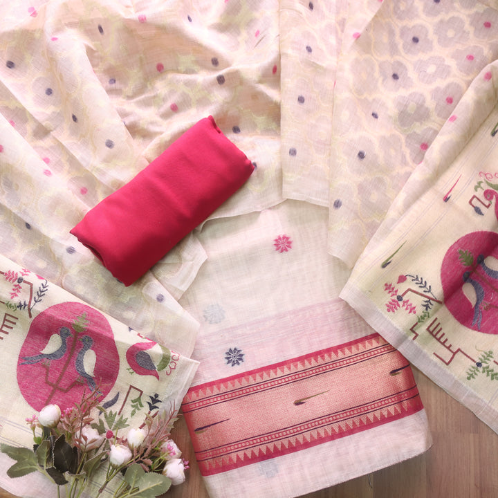 Kakashi Skin Beige with Rani Pink Mangalgiri Hem Zari Weaved Jamdani Chanderi Set