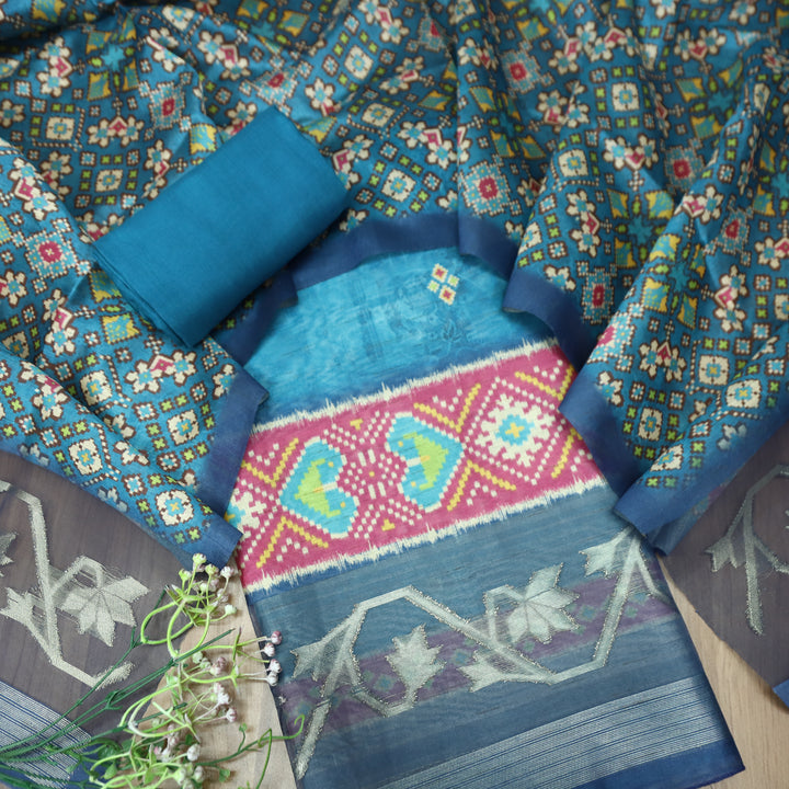 Kokila Sapphire Blue Ikkat Print with Zari Detailing Korean Tussar Chanderi Set