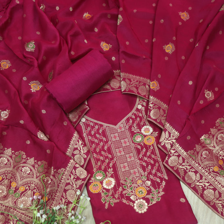 Aasha Magenta Purple Zari Weaved Neck Work Dola Silk Suit Set