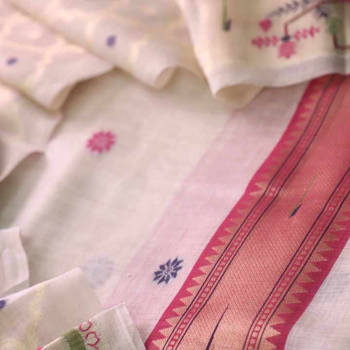 Kakashi Skin Beige with Rani Pink Mangalgiri Hem Zari Weaved Jamdani Chanderi Set