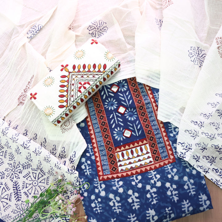 Ridhima Indigo Blue Kutch Mirror Dabu Printed Cotton Set D2