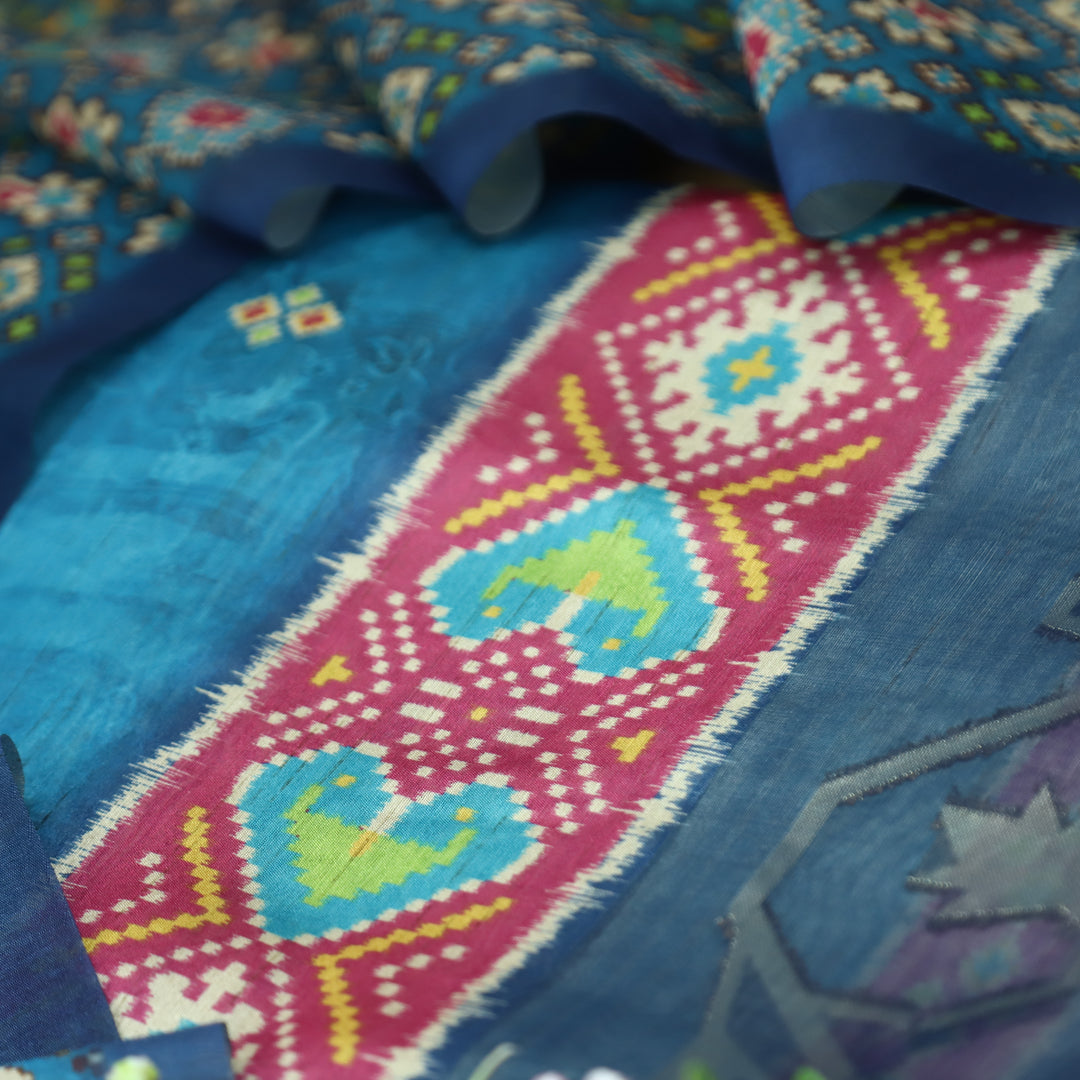 Kokila Sapphire Blue Ikkat Print with Zari Detailing Korean Tussar Chanderi Set