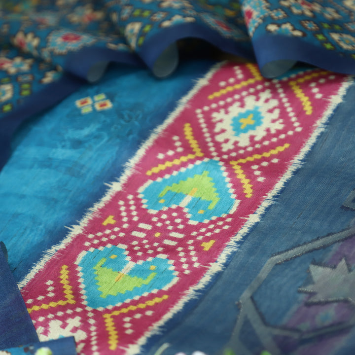 Kokila Sapphire Blue Ikkat Print with Zari Detailing Korean Tussar Chanderi Set