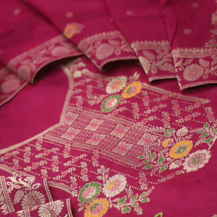 Aasha Magenta Purple Zari Weaved Neck Work Dola Silk Suit Set