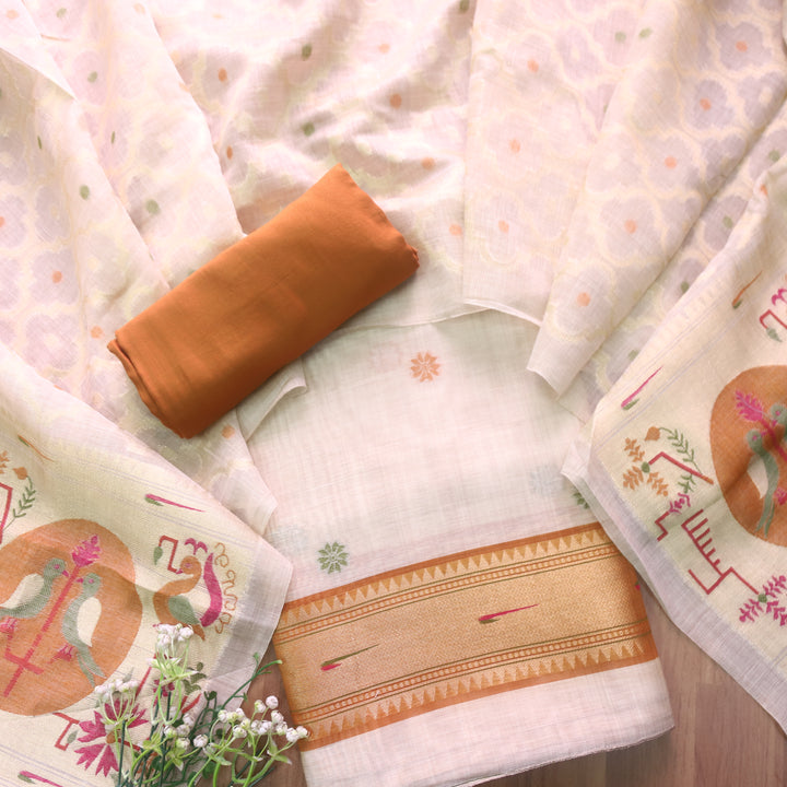 Kakashi Skin Beige with Mustard Yellow Mangalgiri Hem Zari Weaved Jamdani Chanderi Set