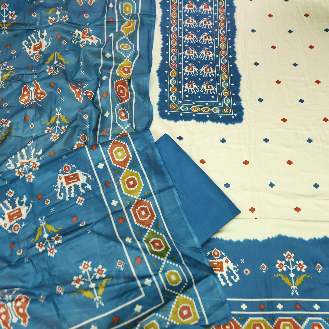 Amelia Beige with Blue Gajj Print Patra Work Yoke Cotton Set