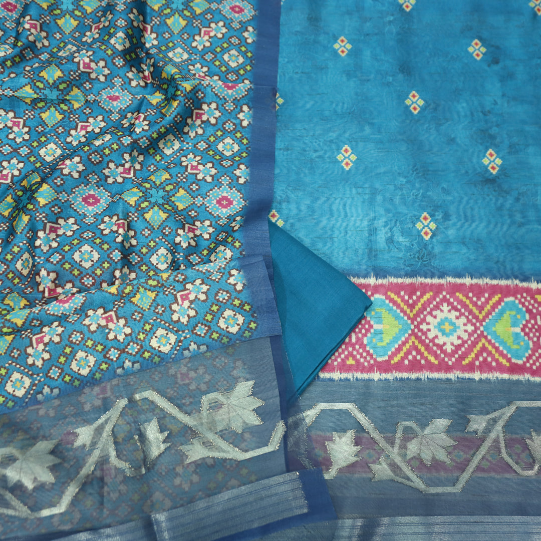 Kokila Sapphire Blue Ikkat Print with Zari Detailing Korean Tussar Chanderi Set