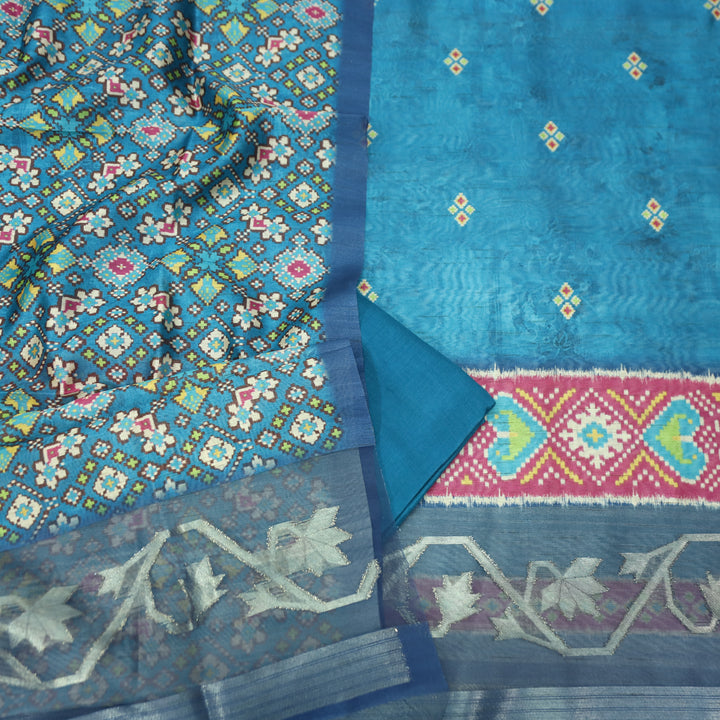 Kokila Sapphire Blue Ikkat Print with Zari Detailing Korean Tussar Chanderi Set