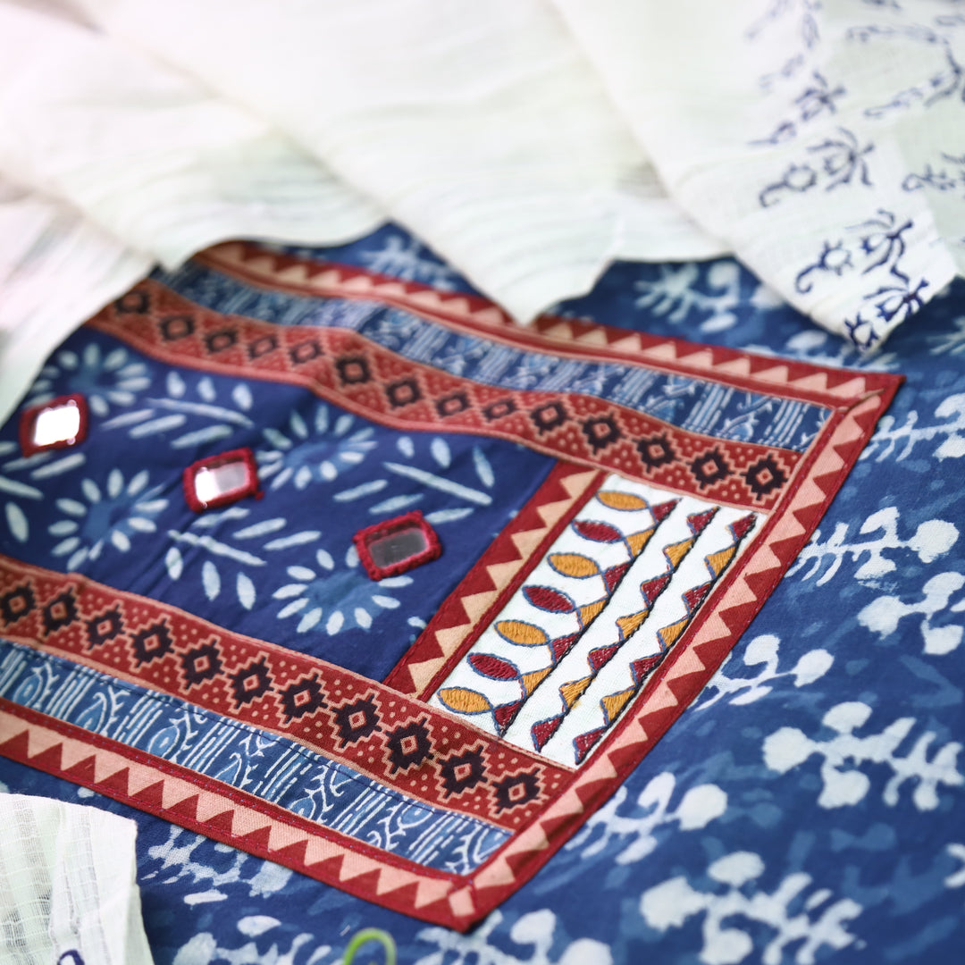 Ridhima Indigo Blue Kutch Mirror Dabu Printed Cotton Set D2