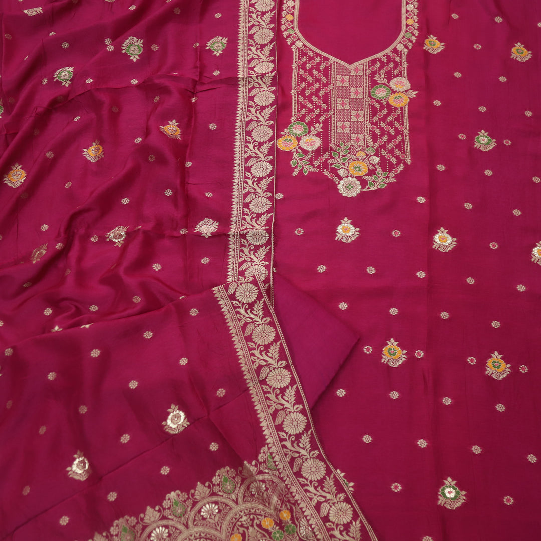 Aasha Magenta Purple Zari Weaved Neck Work Dola Silk Suit Set