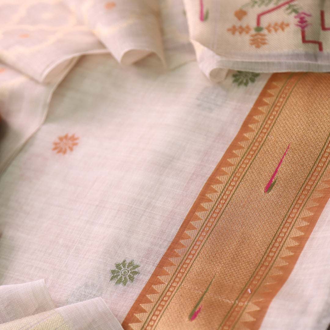 Kakashi Skin Beige with Mustard Yellow Mangalgiri Hem Zari Weaved Jamdani Chanderi Set