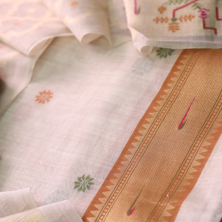 Kakashi Skin Beige with Mustard Yellow Mangalgiri Hem Zari Weaved Jamdani Chanderi Set