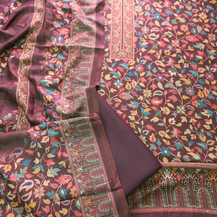 काशगिरि Chocolate Brown All Over Kanni Floral Printed Semi Pashmina Winter Set