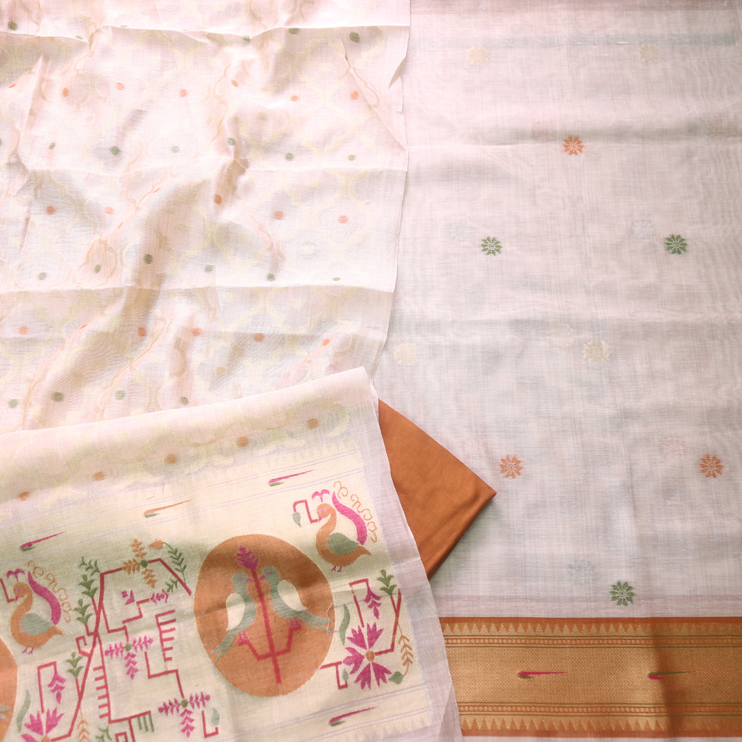 Kakashi Skin Beige with Mustard Yellow Mangalgiri Hem Zari Weaved Jamdani Chanderi Set