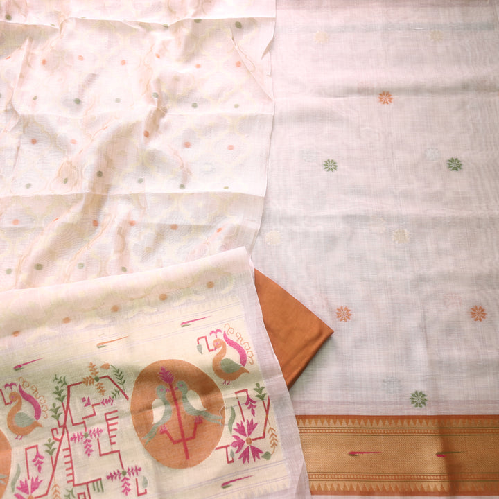 Kakashi Skin Beige with Mustard Yellow Mangalgiri Hem Zari Weaved Jamdani Chanderi Set