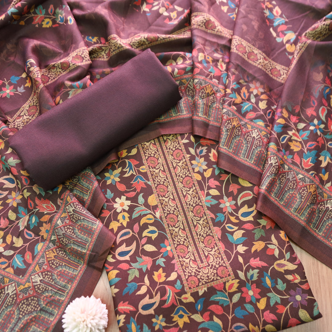 काशगिरि Chocolate Brown All Over Kanni Floral Printed Semi Pashmina Winter Set