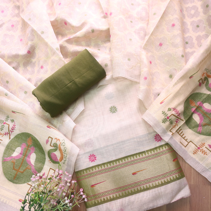 Kakashi Skin Beige with Grass Green Mangalgiri Hem Zari Weaved Jamdani Chanderi Set