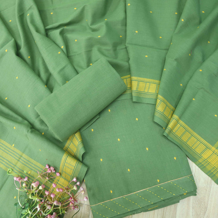 Madhubala Grass Green Thread Weaved Handloom Cotton Suit Set